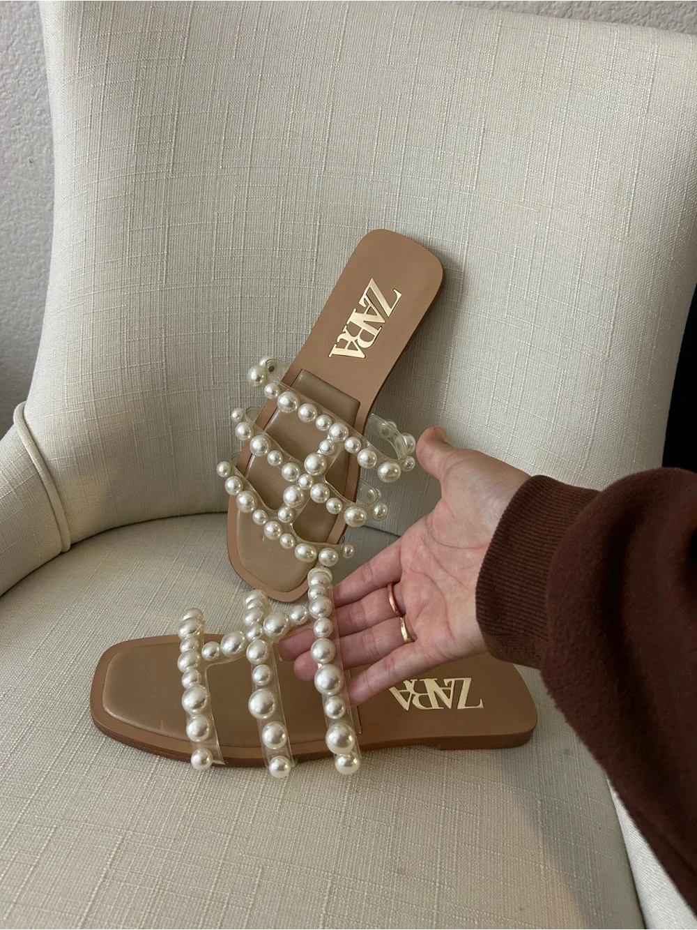 ZARA Tan Slide Sandals with Pearl-Strap Detail - Picture 2 of 5